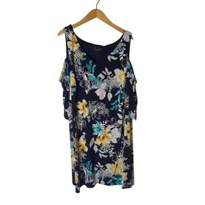 Connected Apparel Navy Floral Midi Cold Shoulder Dress Womens 20W‎ Resortwear